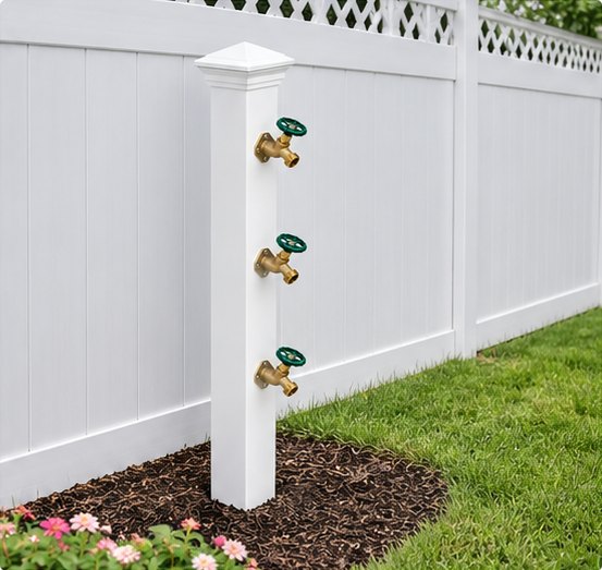 MultiBib post installed in a mulched bed beside a white vinyl privacy fence