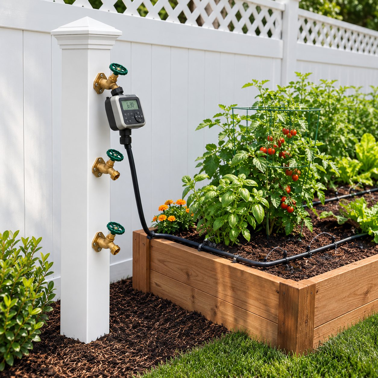 MultiBib post beside a cedar raised bed. A digital hose timer is screwed onto the top bib, and a black hose runs from it to a drip line that waters tomatoes, basil, and marigolds. The other two bibs are free.